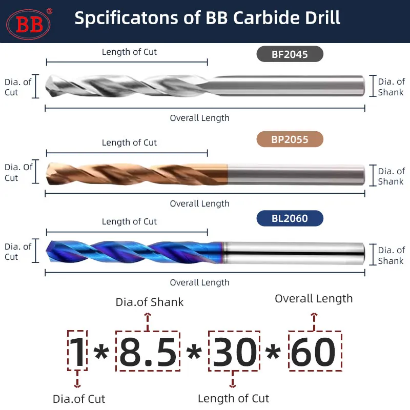 Bbソリッドカーバイドドリル、CNCホール処理、アルミニウムスチールキャストアイアンウッド、長さ80mm、3〜9mm