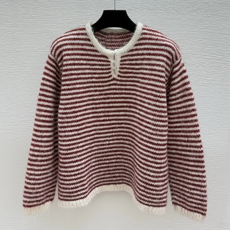 

High-quality striped multi-color border embroidered logo women's pullover soft and loose sweater 251028103