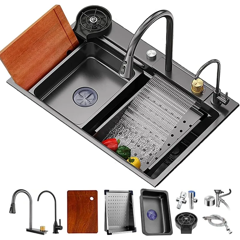

Sink Single Basin Stainless Steel Overmount and Undermount Multifunction Black Sink ( Color : Black , Size : 80*45cm(31.5*17.7in
