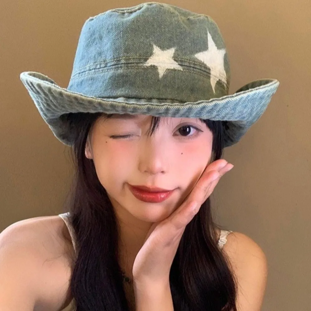 Kawaii الدنيم ستار صياد قبعة قابل للتعديل Y2K قبعات رعاة البقر الغربية قبعة ظلة واسعة حافة تسلق الجبال قبعة التخييم #3