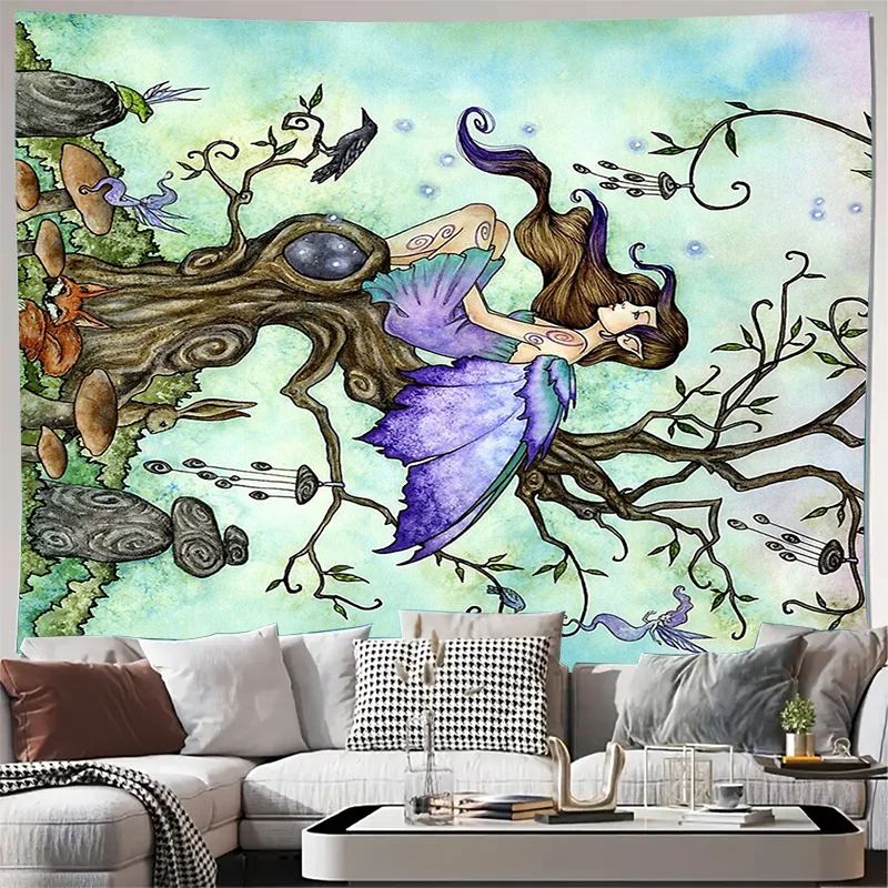 

Фэнтезийный лесной гобелен с мистической природой, настенный лесной декор, богемный домашний небесное искусство, ведьма, эстетическая сказочная комната