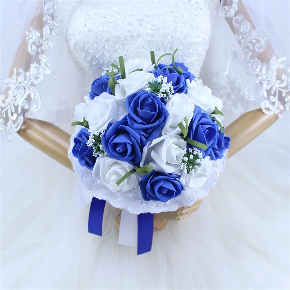 باقة الزفاف الاصطناعية زهرة الورد البولي ايثيلين وهمية اللؤلؤ باقة الأزرق وصيفه الشرف الزواج لوازم الزفاف زينة مشط