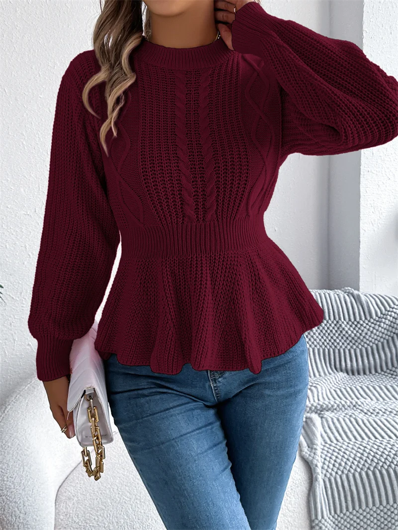 2025 Female Winter Casual Frill Knitted Sweater Women Elegant Long Sleeve Pullover Autumn Lady Solid Color O Neck Warm Jumpers