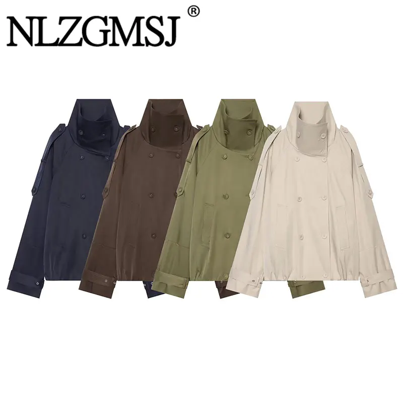 Nlzgmsj 2026 Autumn Women Short Trench Coat Stand Collar Double Breasted Loose Casual Windbreaker Streetwear Outerwear