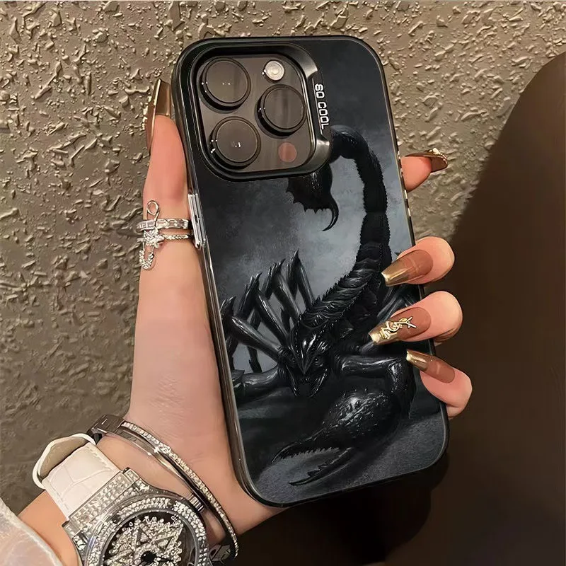

Black scorpion pattern design phone case for iPhone 16 15 14 13 12 11 Pro/ Max/Plus shock-proof rear cover anti-fingerprint