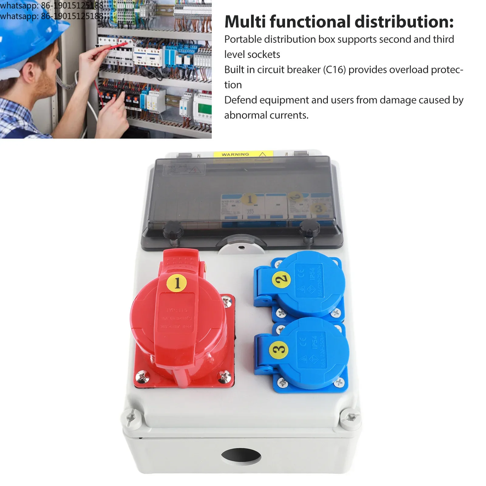 Power Distributor, C16 Multifunctional Portable Socket Box, Circuit Breaker 2 220-250V16A for Construction Sites