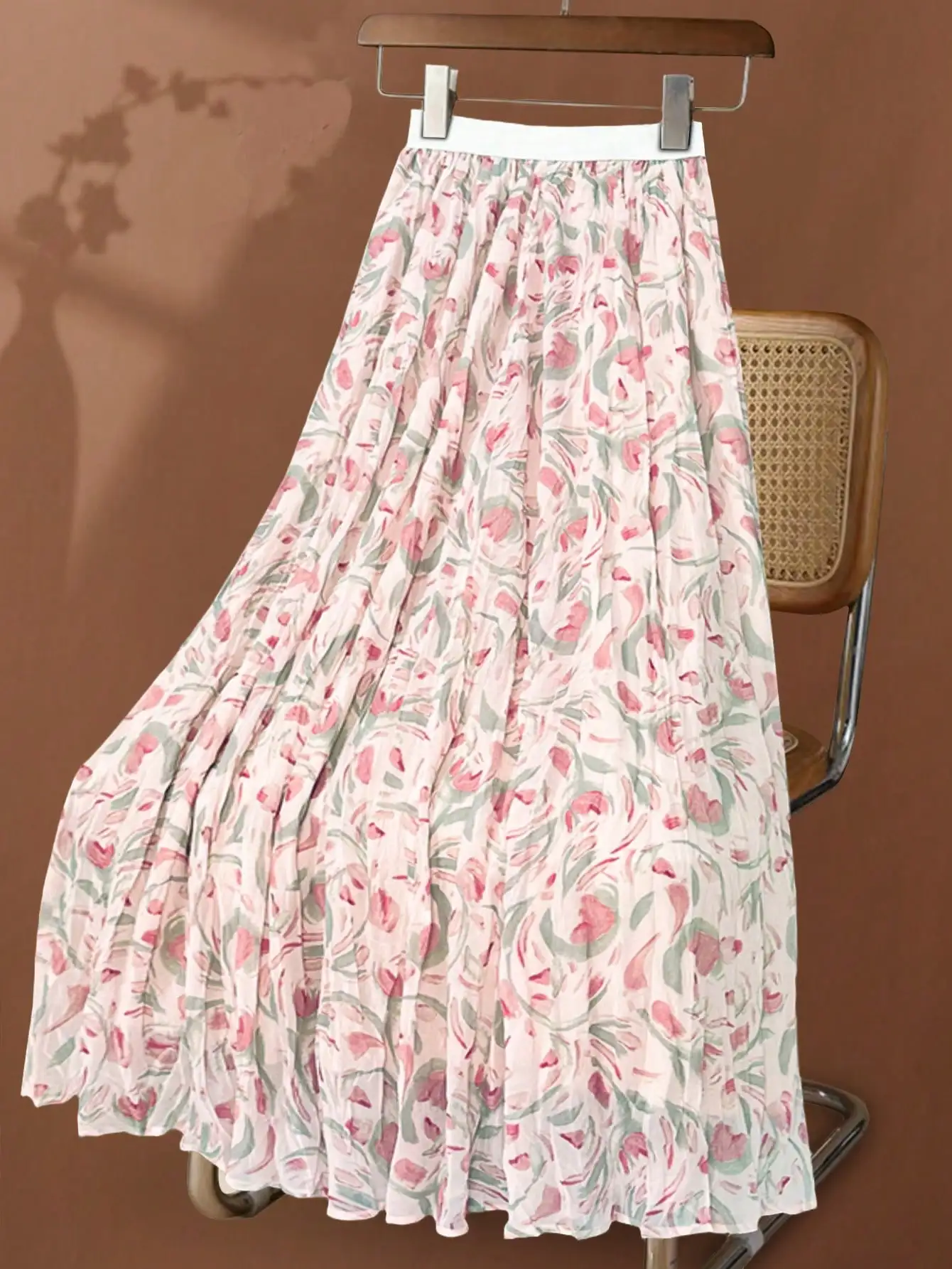 Women's Floral Print High Waist Long Pleated Skirt Summer 2026 Loose Elastic Woven Flowy Midi Skirt
