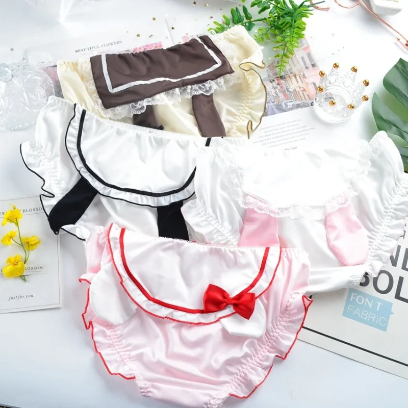 

New Cute Lovely Sweety Milk Silk Cartoon Ear Women's Underwear Cosplay Anime Ruffles Lace Panties Middle Waist Breathable Breifs