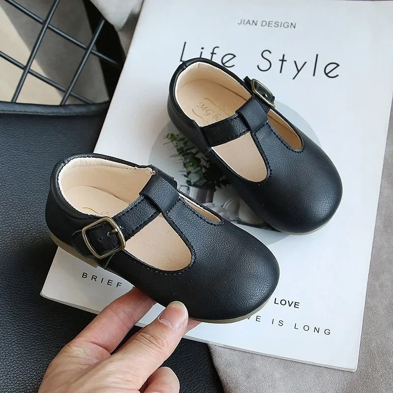 Baby Girls Mary Jane Dress Shoes T-Strap Cut-outs Leather Shoes Ballet Flats Princess Single Shoes Retro Party School Shoe