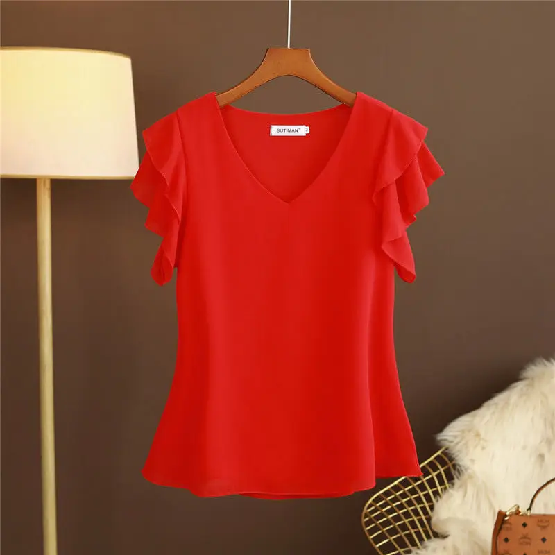 BEDN New Fashion Chiffon Blouses Women Summer Short Sleeve V-Neck Loose Blouse Ladies Top Oversize blusas mujer de moda 2023