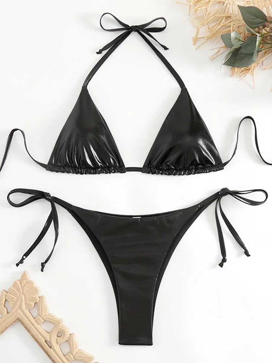 Sexy Halter Shiny PU Micro Bikini 2025 Women Swimsuit Female Brazilian Swimwear Two Pieces Bikini set High cut Bathing Suit Swim