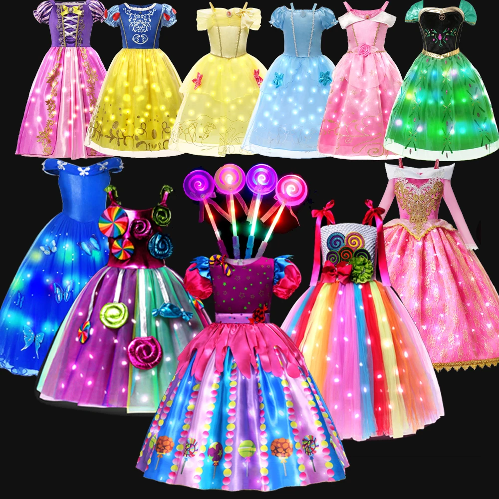 2025 New Years Candy Dress LED Light Up Princess Dresses Elsae Anna Children's Cosplay Carnival Purim Easter Party Costumes