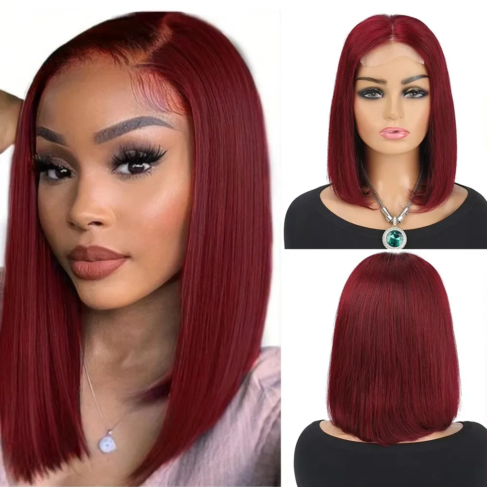 

Парик Боб Прямой 4x4 Бордовый Парик Человеческих Волос 150% Плотность Кружева Фронта Шнурка Человеческих Волос Предварительно Сорванные Бесклеевые Парики Боб для Женщин