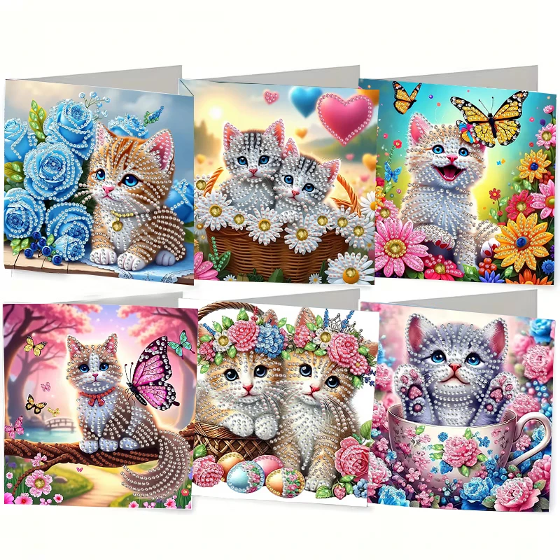 6-delig/set DIY diamant schilderij verjaardagskaartenset, met unieke bloem, vogel en patroonontwerpen, strass diamantverf