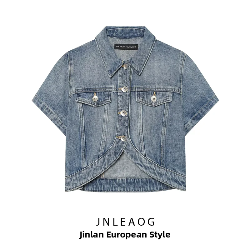 JNLEAOG Fashion Asymmetric Short Denim Shirt Stand Collar Casual Style Women's Autumn New Arrival Polyester Fiber Blouse