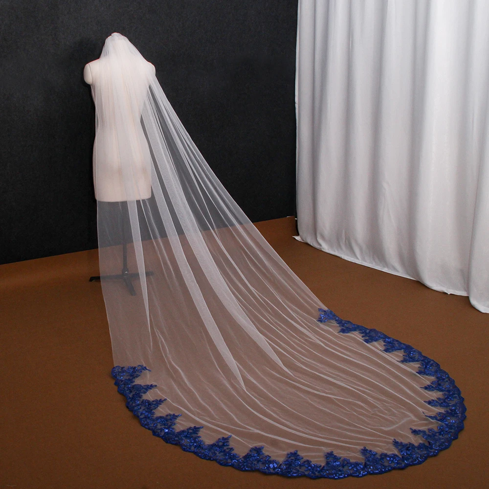 NZUK Royal Blue Lace Long Wedding Veil 3 Meters Bridal Veil with Sequined Lace Soft Tulle Wedding Accessories Welony