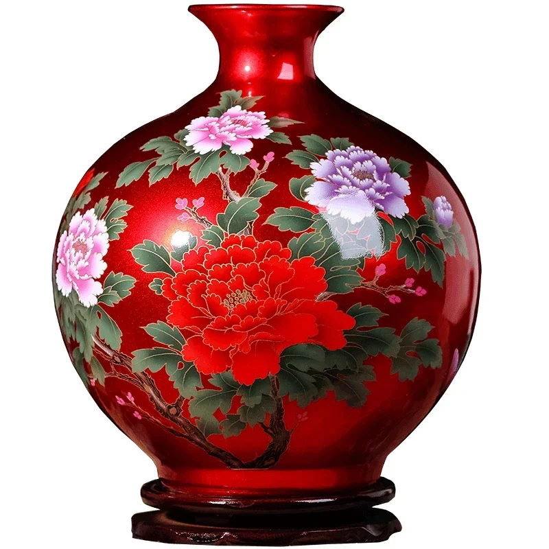 Jingdezhen Ceramic Chinese Red Vase Living Room Large Ornament Home TV Cabinet Flower Arrangement Porcelain Ornament