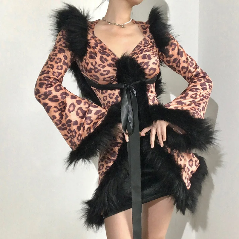 

Women's Fashion New Flared Sleeve Sexy V-neck Low-cut Lace-up Printed Leopard Print Nightclub Club Style Fur Collar Frayed Dress