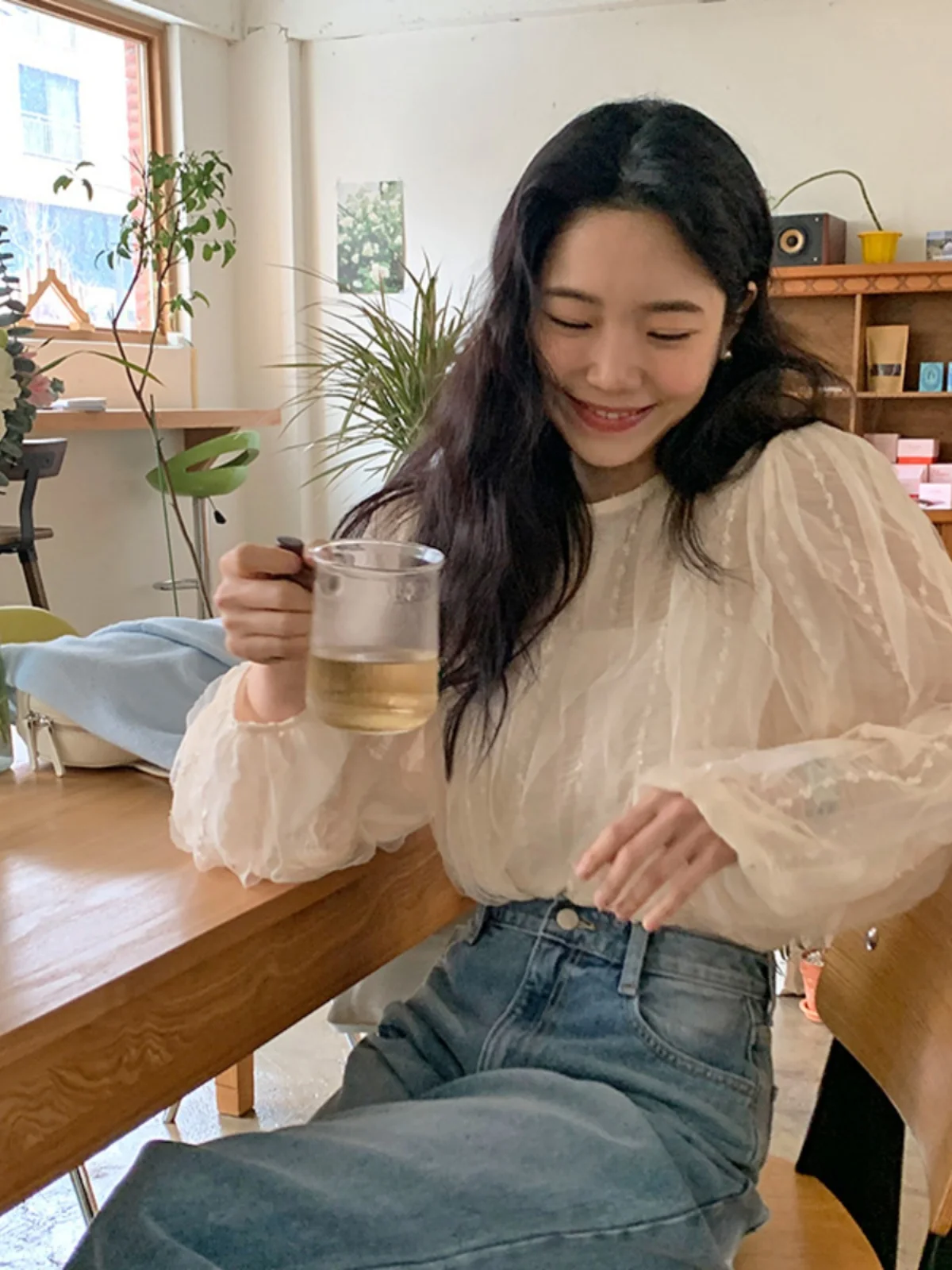 

Lace Trim Me irt Women's Chic round Ne Loose Slimming Semi-Transparent Anti-Aging Versatile Top Trendy Polyester Blend