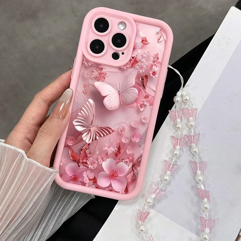 Rosa Blumen Schmetterling Lanyard Handyhülle für iPhone 17 16 15 14 13 12 11 Pro Max 16E XS XR 7 8 Plus Silikon Weiche Luxus-Hülle – Detail 1