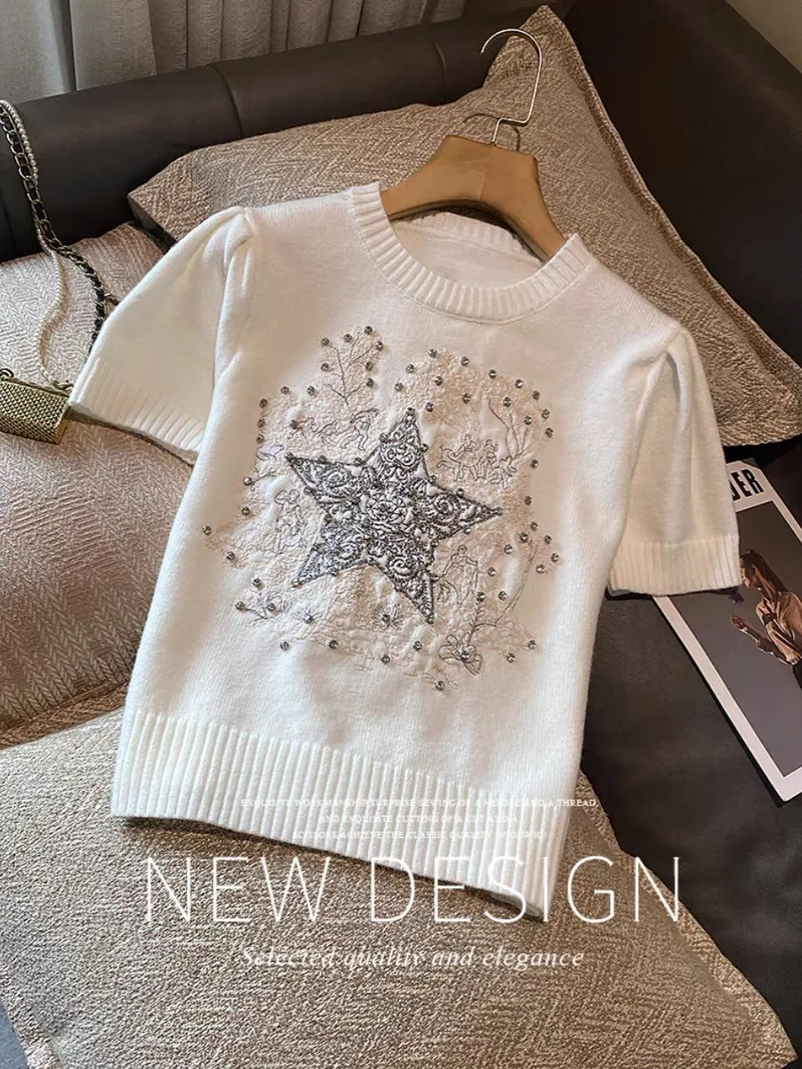 Diamonds Sweater For Women Star Embroidery Stylish Vintage Elegant Pullover Tops 2024 Summer Short Sleeve O-neck Jumper Knitwear