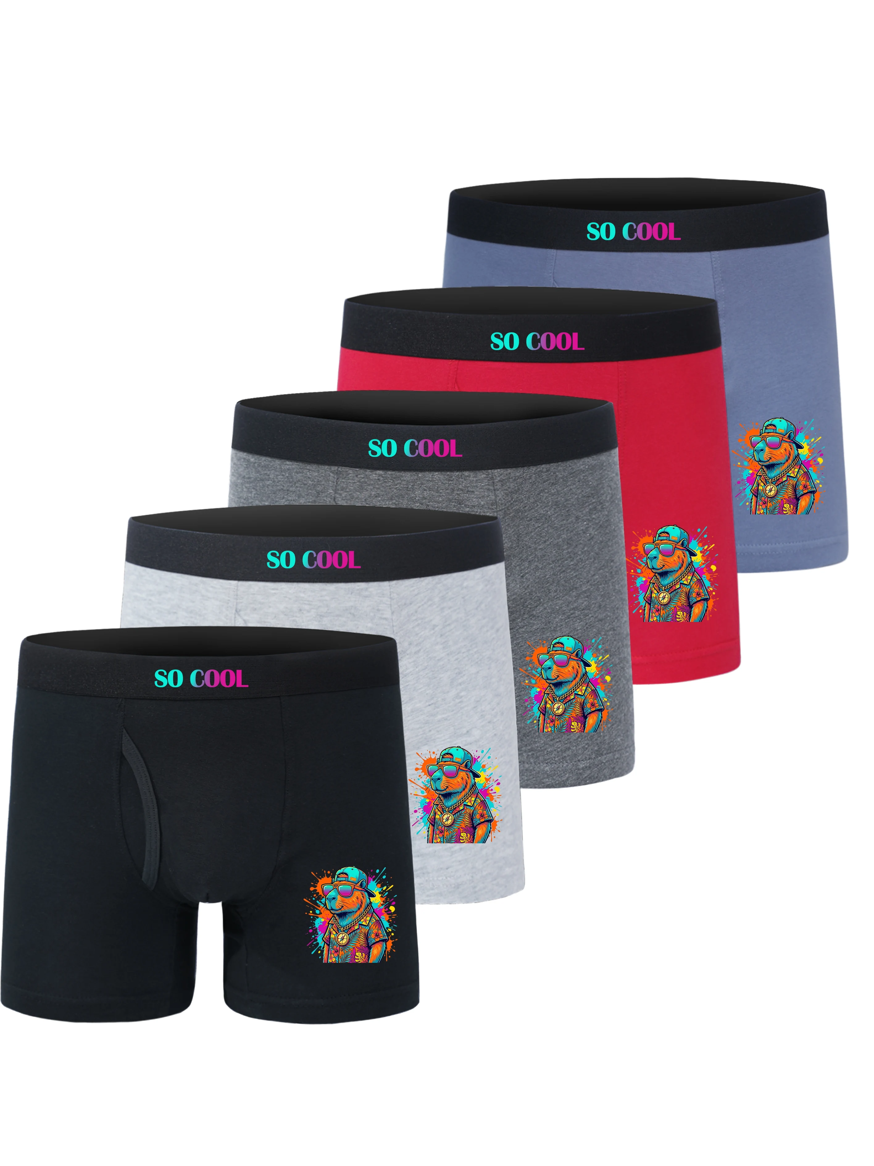 Paquete de 5 calzoncillos para niño con estampado de capibara neón, 95% algodón, ropa interior infantil, pantalones cortos geniales, bragas para niños