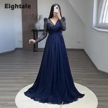 Eightale 우아한 이브닝 드레스 네이비 블루 반짝이 v 넥 맞춤형 쉬폰 긴 소매 파티 파티 가운 가운 드 soirée