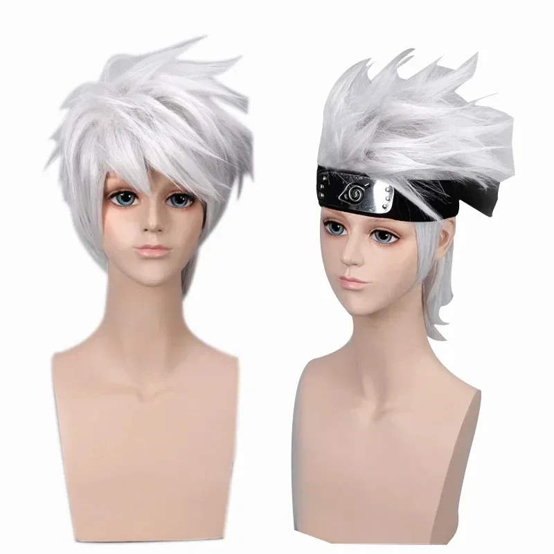Anime Hatake Kakashi Wig sintetik pendek Wig kostum Cosplay rambut tahan panas berlapis putih perak