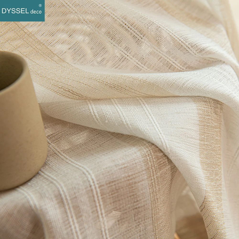 Modern Natural White Linen Striped Sheer Window Curtains with Rod Pocket Grommet Top for Living Room And Bedroom Decor