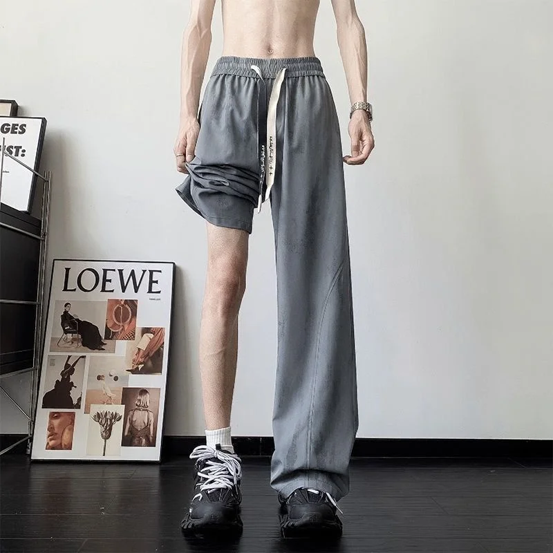 Trendy Men's Summer Loose Thin Wide Leg Pants Ice Silk Casual Long Tied Dyeing Hong Kong Style Fashionable Straight Leg Jeans