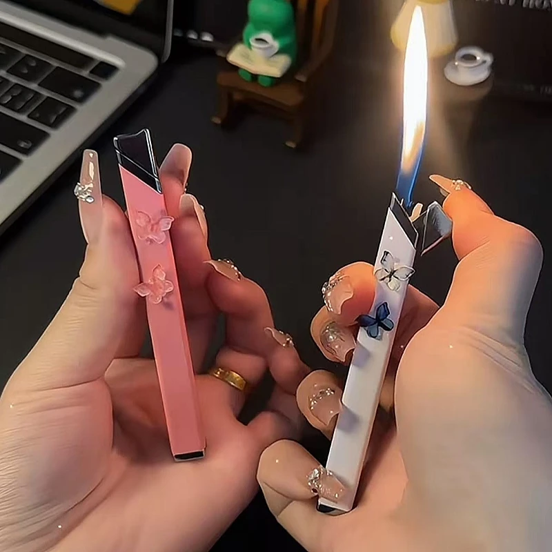 

New Fashion Inflatable Lighter Metal Windproof Mini Portable Torch Adjustable Flame Lighter Cigarette Accessories Women's Gift