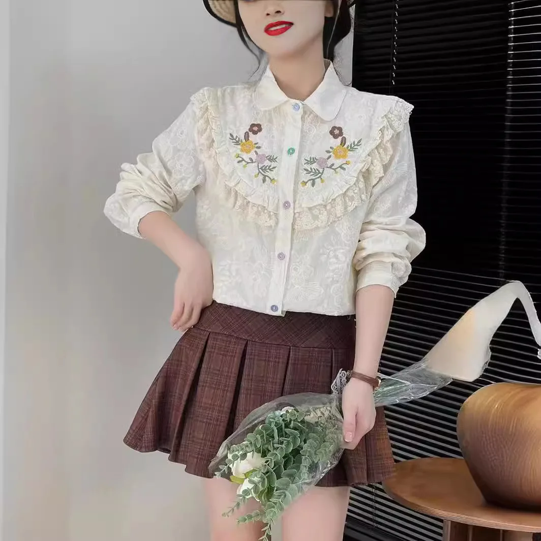 New Spring Cotton Sweet Shirt Women Long Sleeve Floral Embroidery Tops Girl Simple Fashion Casual Blouses 2024 Summer T45307QM