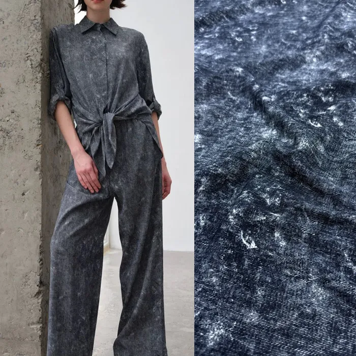 Denim Blue Starry Sky Abstract Print Silk Stretch Crepe De Chine Fabric Mulberry Silk Material for Dresses blouse