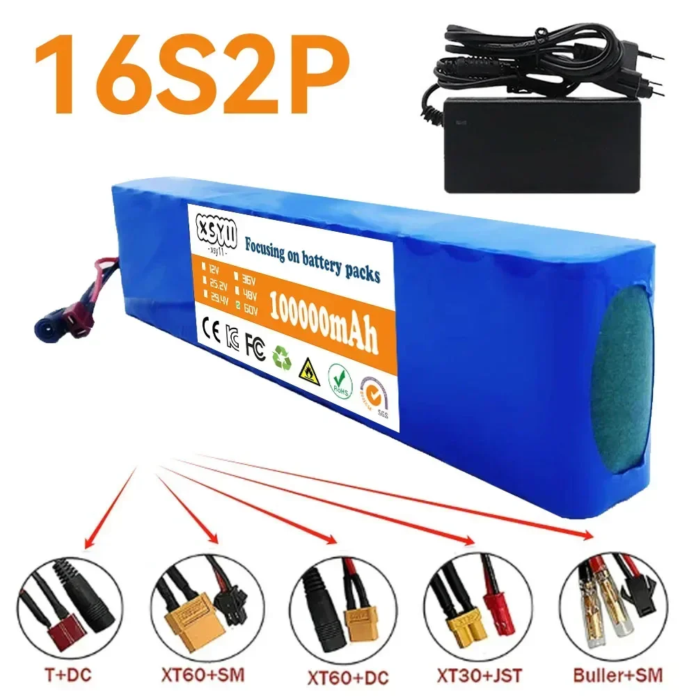 16S2P 60V 100Ah 18650 Lithium Ion Battery Pack 67.2V for Electric Bike Scooter Scooter Kids Car Built in 1000 Watt Bms