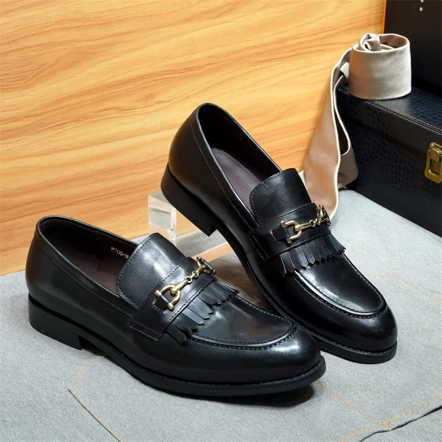 حذاء بدون كعب مصنوع يدويًا من الجلد الطبيعي مزين بشراشيب رسمي للمكتب والزفاف والأعمال غير الرسمية وتواريخ العمل اليومي