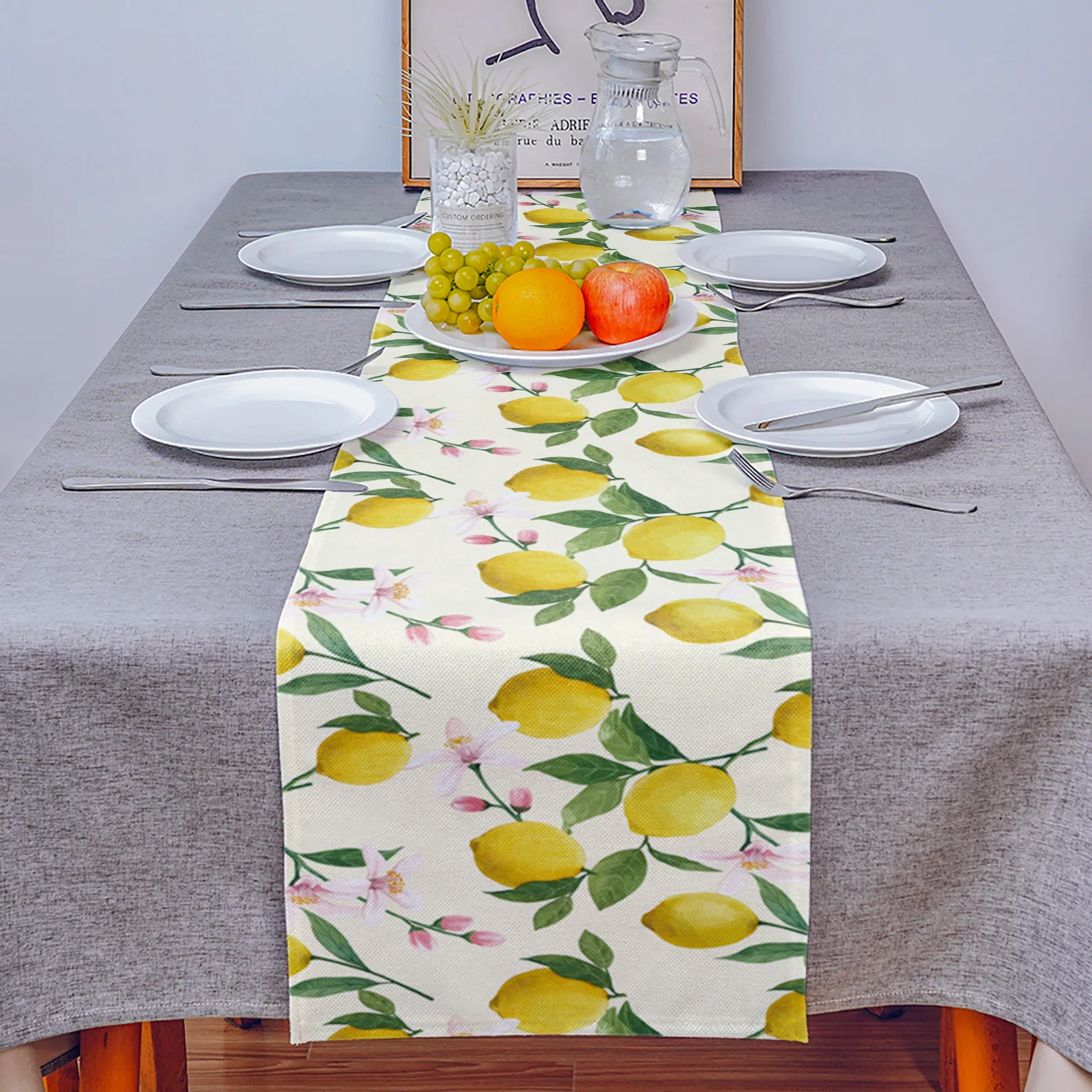 Yellow Lemon Linen Table Runner for Kitchen Natural Fruit Wedding Decorations Table Runner for Dinner Holiday Party Decoration