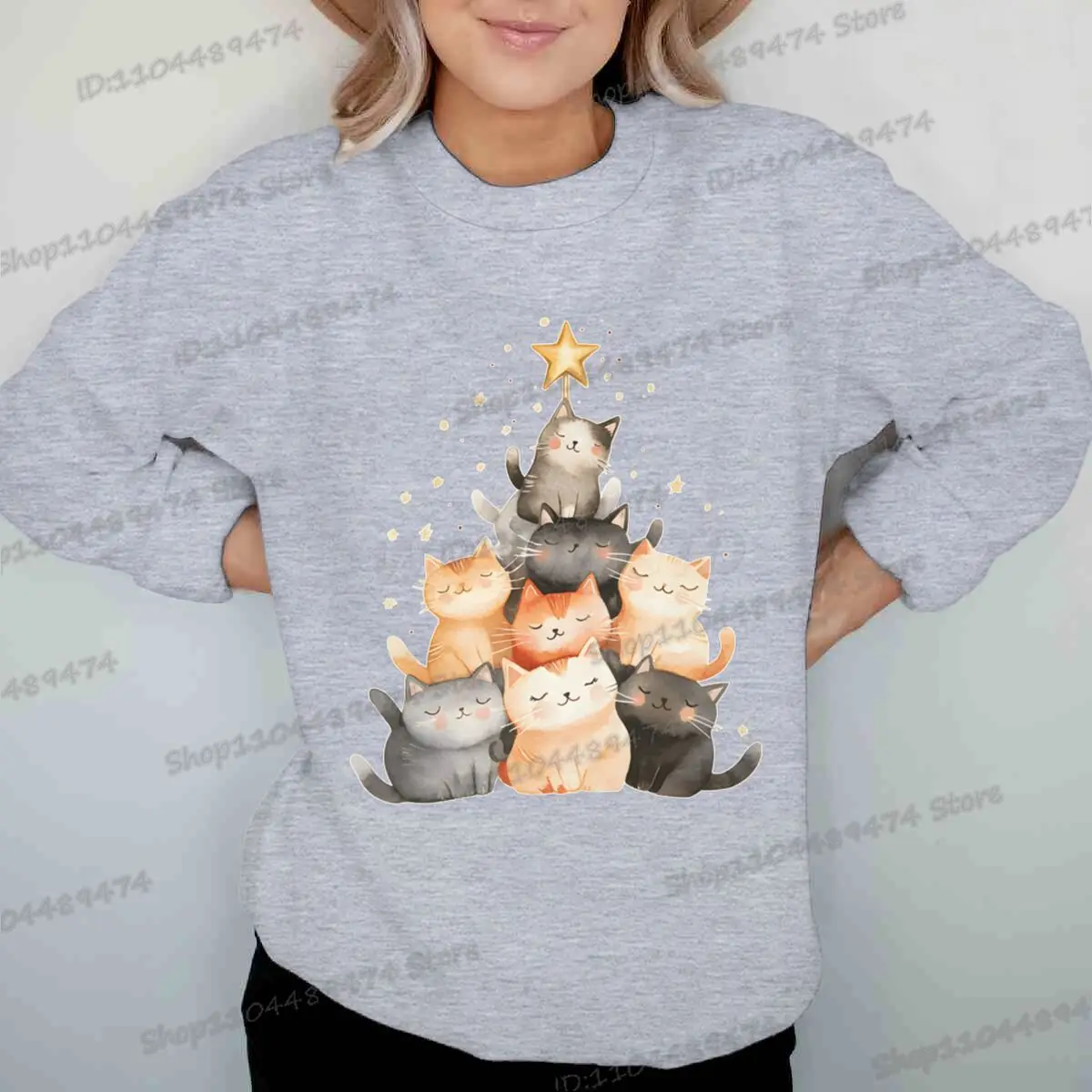 جديد عيد الميلاد للجنسين بلوزات الكرتون القطط شجرة عيد الميلاد سترة الموضة عادية مستديرة الرقبة بلايز النساء الرجال عيد الميلاد البلوز