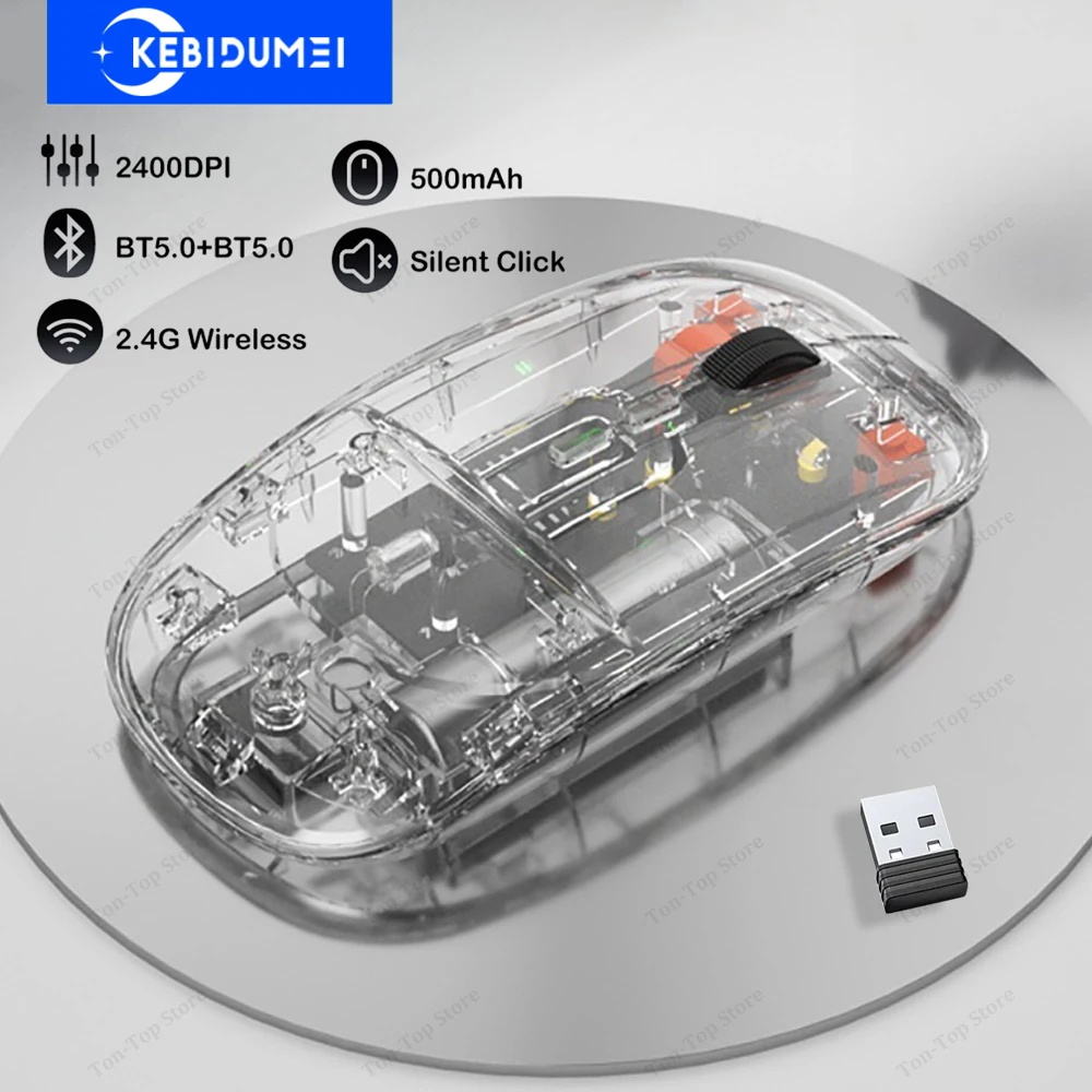 Прозрачная мышь, беспроводная мышь 2,4G, двойная мышь Bluetooth 5,0, игровая мышь 2400 точек на дюйм, 500 мАч, перезаряжаемая бесшумная мышь для ноутбука