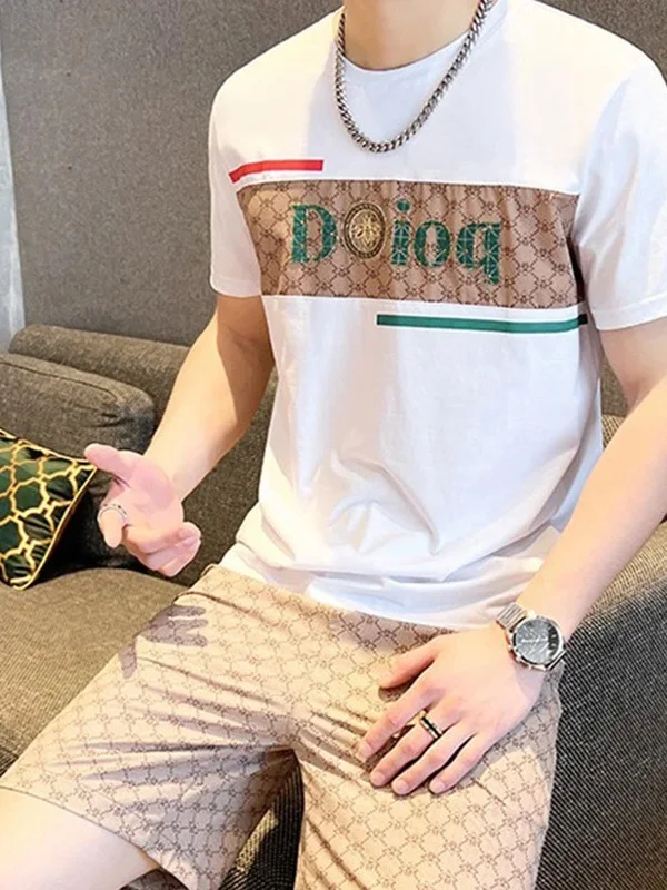 

Casual Men's Set Trendy Patchwork ort Sve T-irt Summer Cool Feeling ort Pants Two Piece Set Polyester Blend