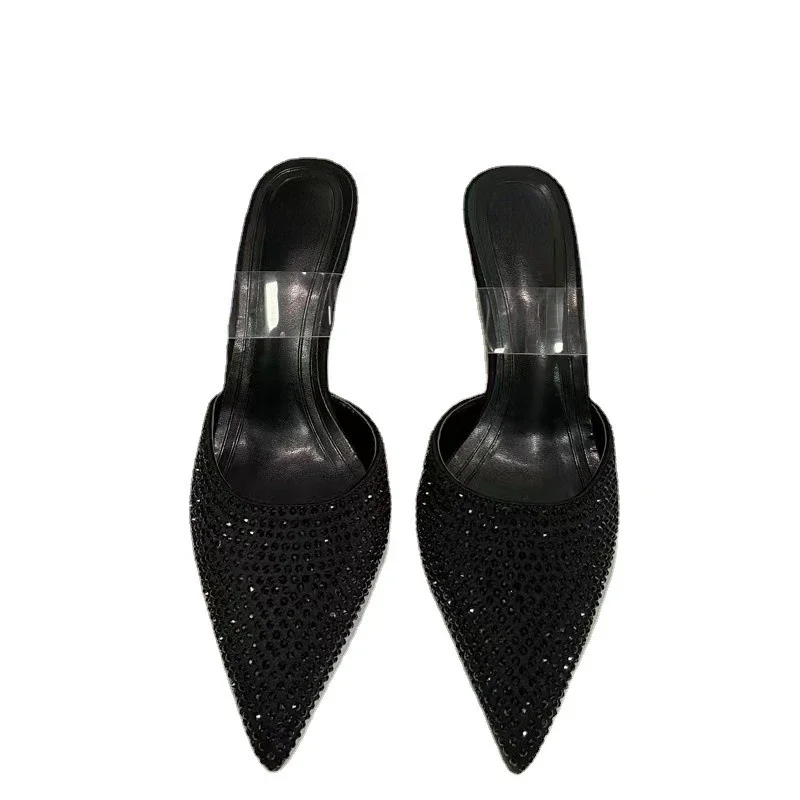 Designer Luxury High Heels Sandals Woman Elegant Shiny Diamond Black Fashion Mules Slingback PVC 2024 Summer Shoes for Ladies