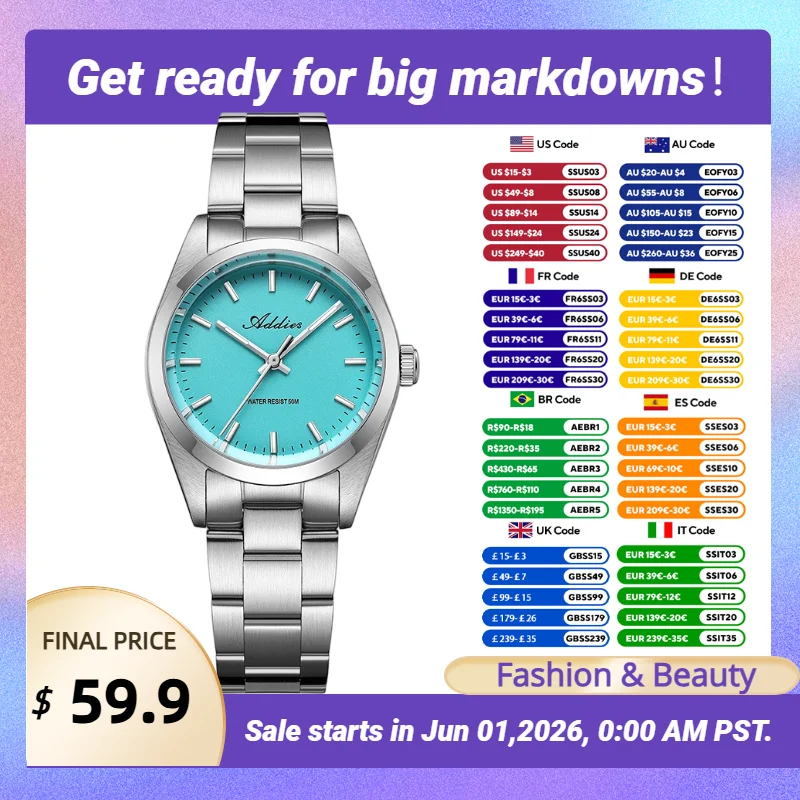 

Addies New Women Quartz Watches Japan 2035 Sapphire Mirror Candy Color Wristwatch 50m Waterproof Luminous Stainless Steel Watch