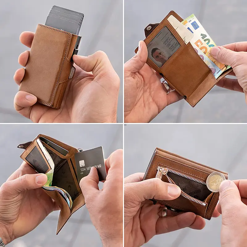 Pop-Up Credit Card Case with RFID Protection Genuine Leather  Wallet with Compartment for Notes and Coins for Men and Women - Image 4