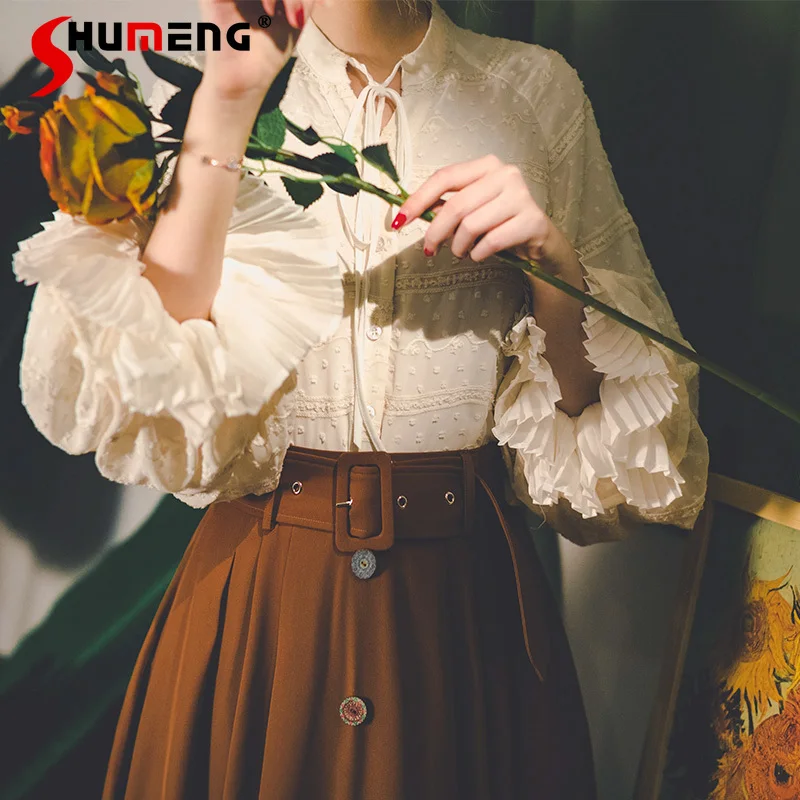 

French Vintage Elegant Lolita Shirt Womens Autumn New Fashion Loose Court Style Lantern Sleeve Inside Blouses Female Tops Mujer