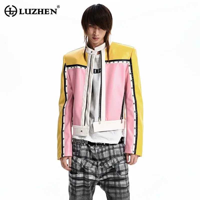 LUZHEN 2026 New Stripe Outline Printed High Quality Stand Neck Leather Pu Jacket Men's Fashion Handsome Short Coat Male JY9086