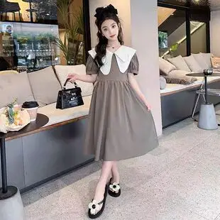 NOVEDAD 2026 Vestido de verano para niñas, estilo princesa, manga corta, cuello marinero a rayas, corte A, ropa para adolescentes, conjunto para 4, 8, 10, 12 años