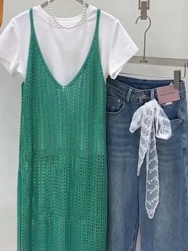 Summer Korean Style V-Neck Knitted Vest Dress Longline Sweater Sweet Style Loose Fit  Color Top for Women
