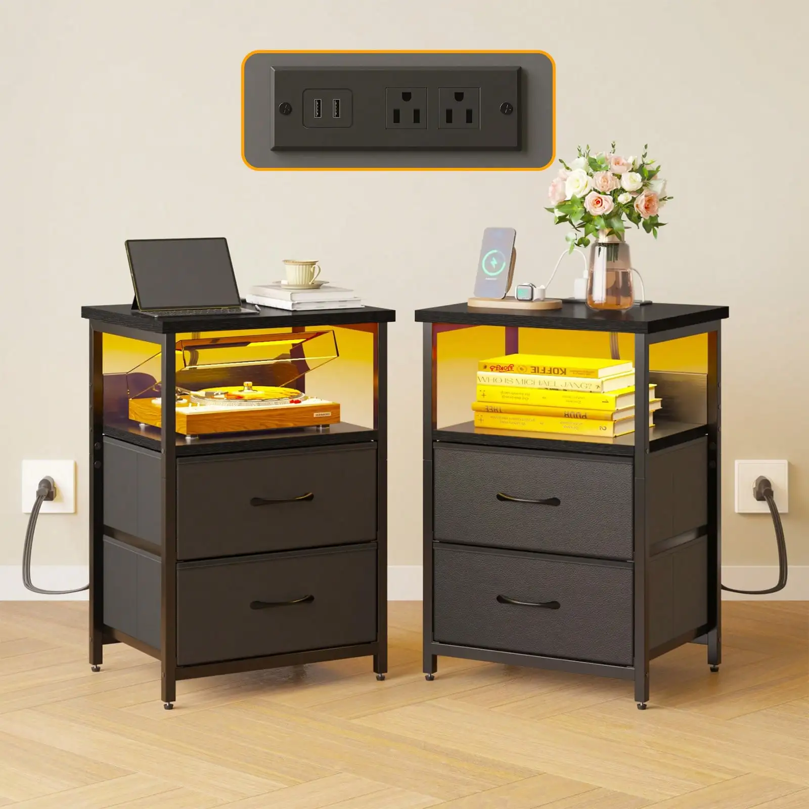 

1/2pcs Nightstand With Charging Station, LED Light, USB Ports & Outlets - Includes 2 Fabric Storage Drawers With PU Finish
