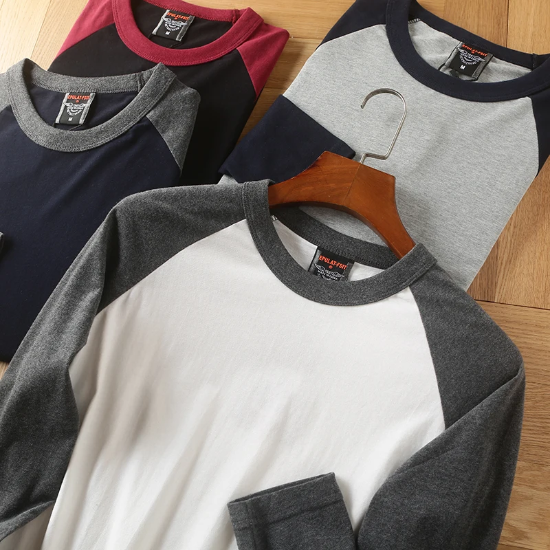 Letnia nowa amerykański Retro raglanowa koszulka z długim rękawem z okrągłym dekoltem i dekoltem męska prosta 100% bawełniana bluza sportowa