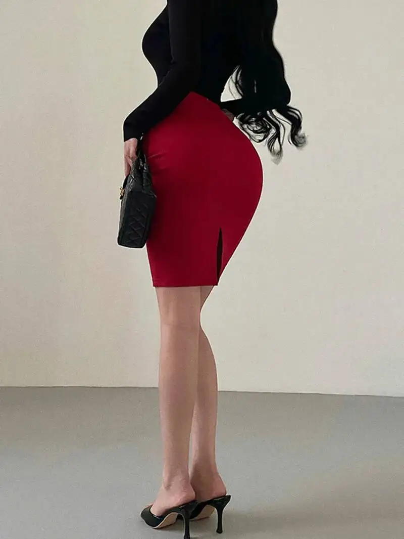 Korean Pure Desire Sexy OL High Waist Ruched Hip Slit Mid-Length Bodycon Skirt Fashion Sexy Women Mini Skirts 2026 New BL9X