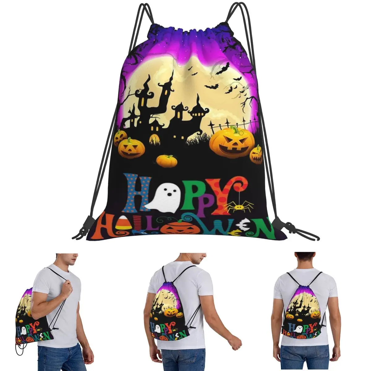 Ghost Pumpkin Halloween Backpacks Fashion Drawstring Bundle Pocket Storage Bag Book Bags for Man Woman School